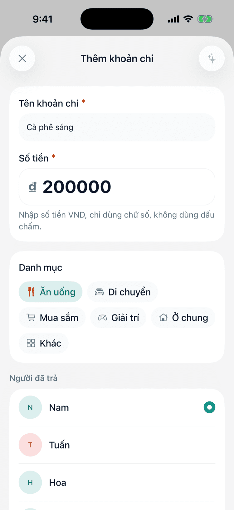 Màn hình thêm khoản chi trong Chitipay