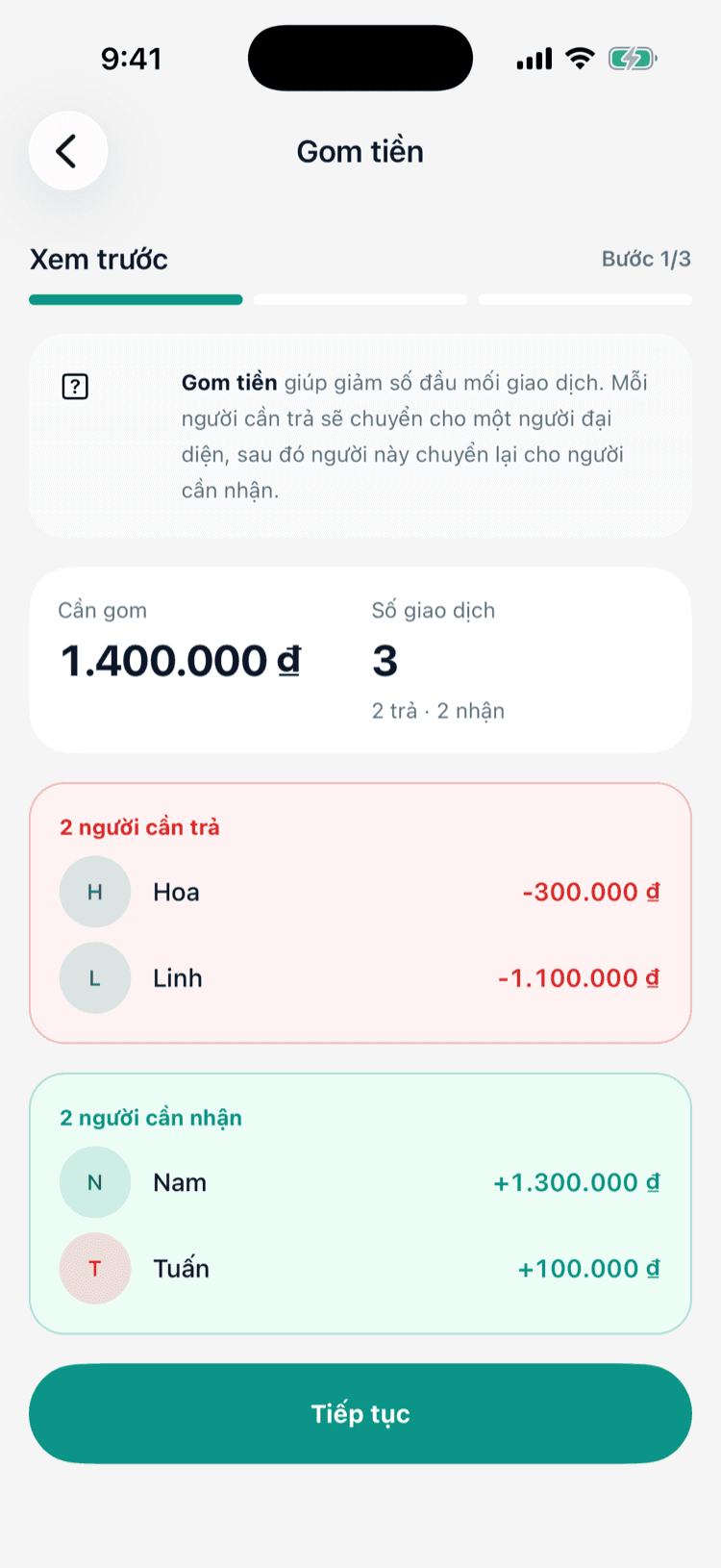 Màn hình xem trước kế hoạch gom tiền của nhóm trong Chitipay