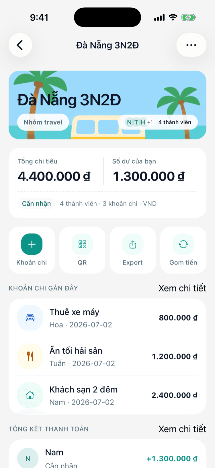Màn hình sổ nhóm Đà Nẵng trong Chitipay với tổng chi tiêu, số dư và các khoản chi gần đây